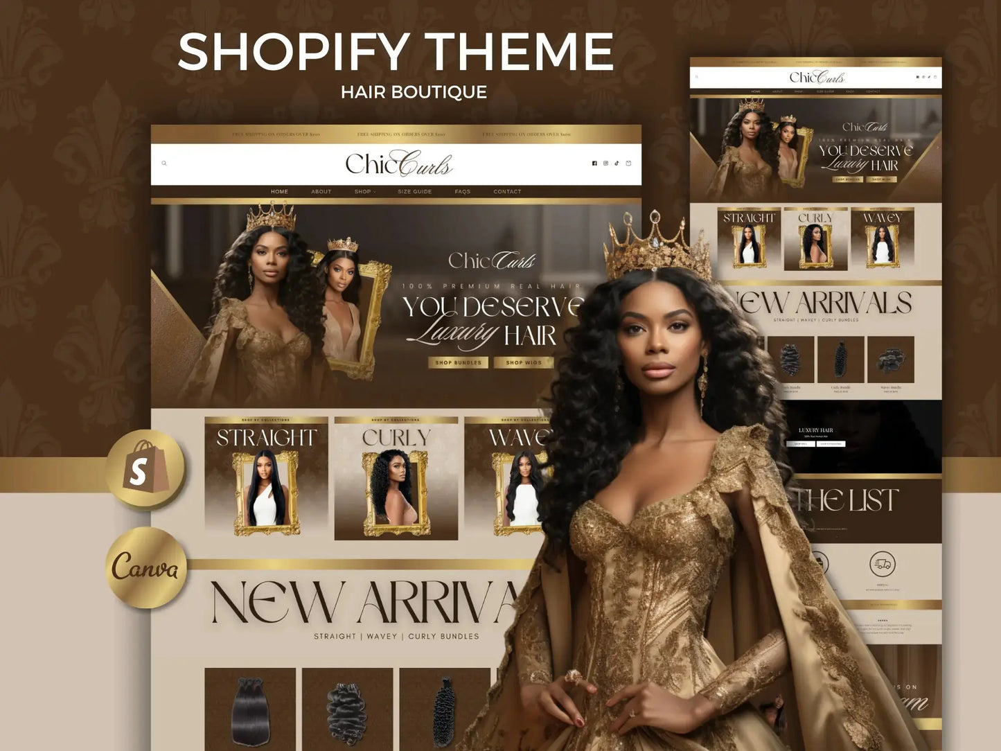 luxury gold brown Shopify Theme for Wig, Hair Extension & Salon Stores