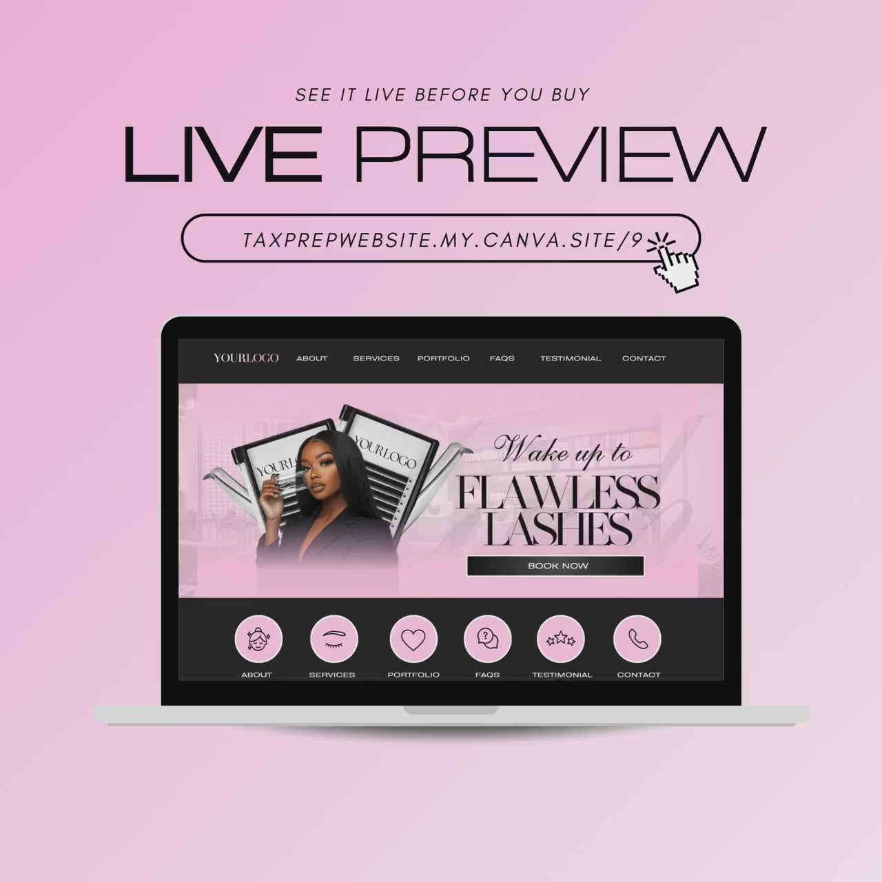 Lash Tech Website Template, Lash Link in Bio, Eyelash Extension Web Banners & Aesthetic Canva Website Design for Lash Artists